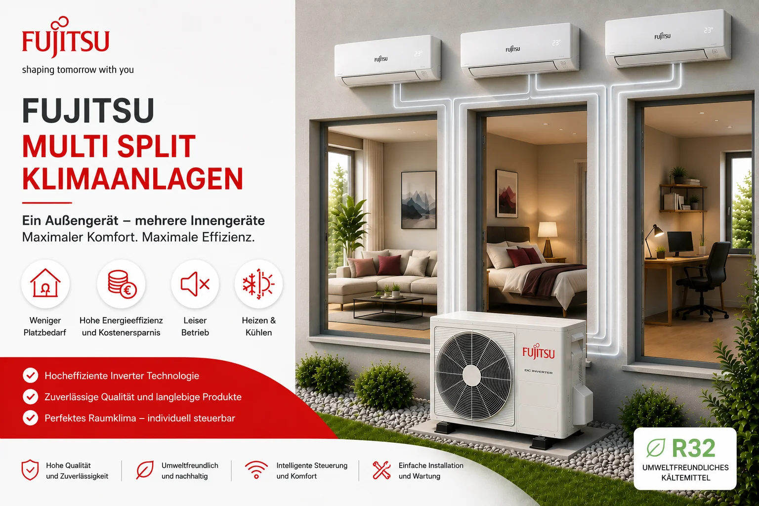 Fujitsu Multi Split Klimaanlagen mit mehreren Innengeräten und einem Außengerät für energieeffiziente Klimatisierung in Wohn- und Arbeitsräumen.