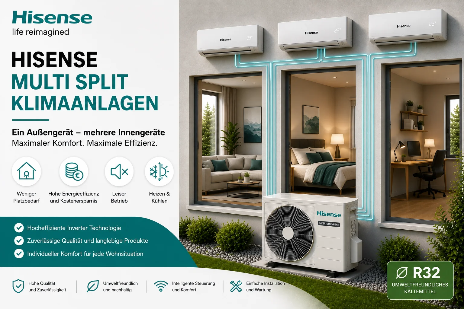 Hisense Multi Split Klimaanlagen mit mehreren Innengeräten und einem Außengerät für energieeffiziente Klimatisierung in Wohn- und Arbeitsräumen.