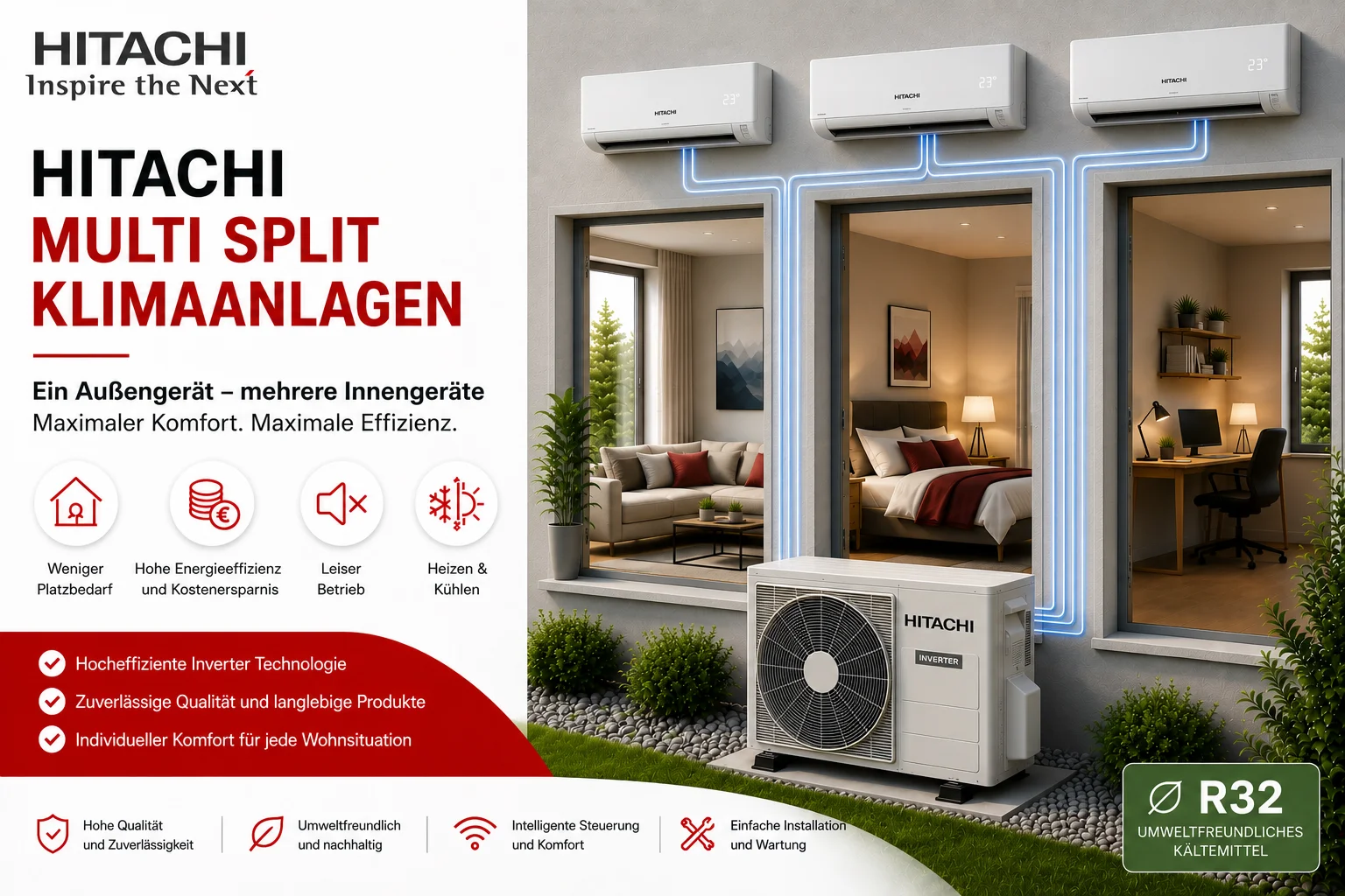 Hitachi Multi Split Klimaanlagen mit mehreren Innengeräten und einem Außengerät für energieeffiziente Klimatisierung in Wohn- und Arbeitsräumen.