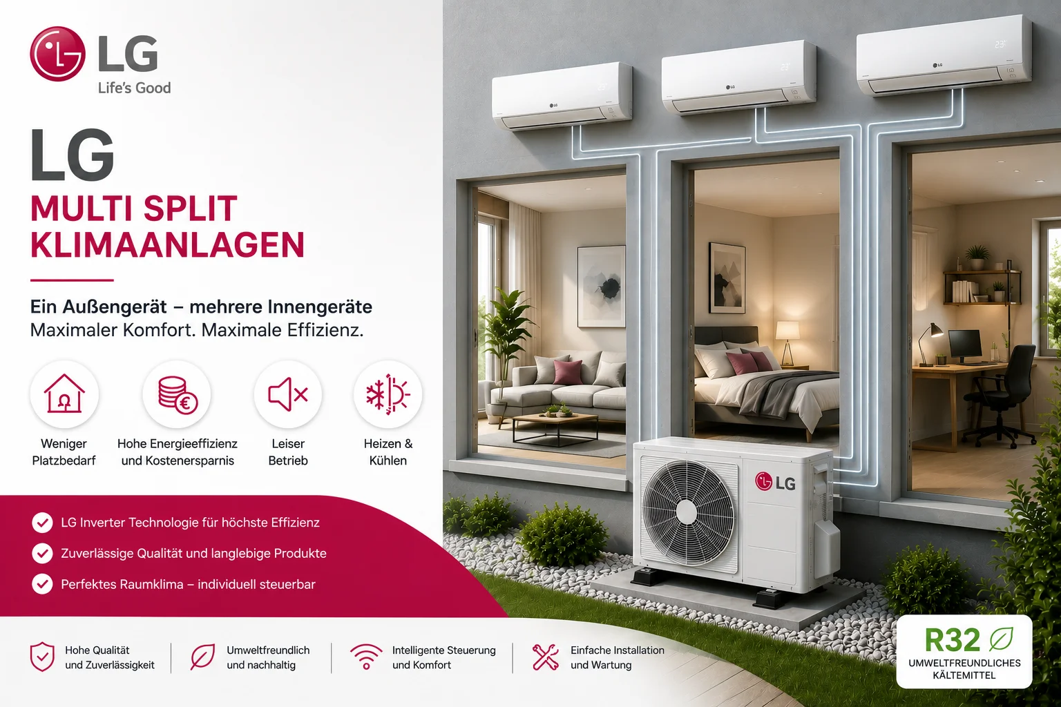 LG Multi Split Klimaanlagen mit mehreren Innengeräten und einem Außengerät für energieeffiziente Klimatisierung in Wohn- und Arbeitsräumen.