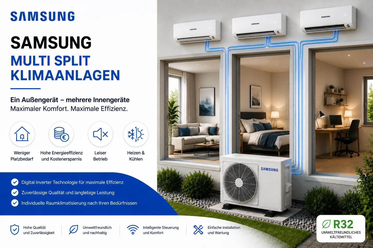 Samsung Multi Split Klimaanlagen mit mehreren Innengeräten und einem Außengerät für energieeffiziente Klimatisierung in Wohn- und Arbeitsräumen.