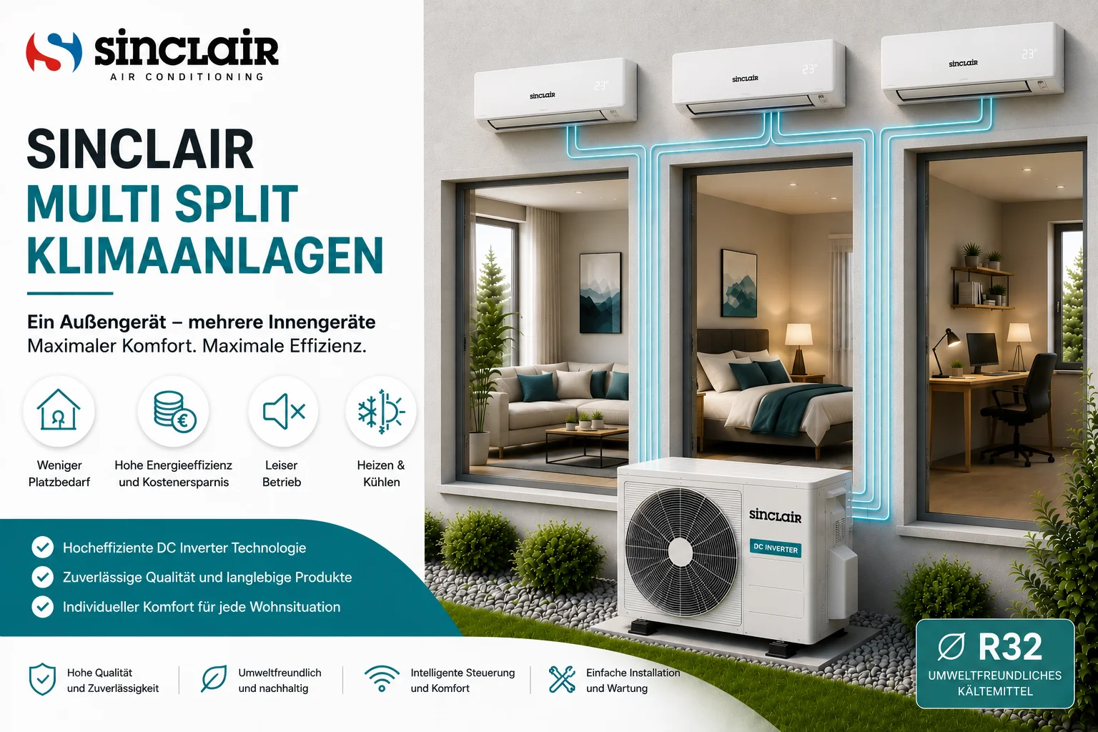 Sinclair Multi Split Klimaanlagen mit mehreren Innengeräten und einem Außengerät für energieeffiziente Klimatisierung in Wohn- und Arbeitsräumen.