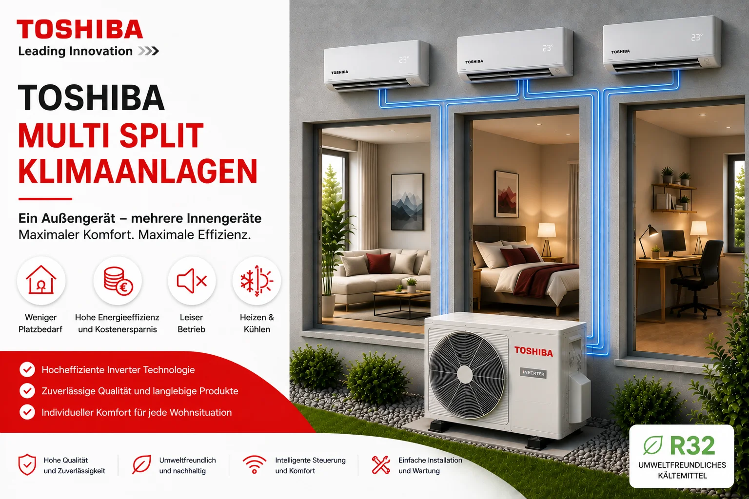 Toshiba Multi Split Klimaanlagen mit mehreren Innengeräten und einem Außengerät für energieeffiziente Klimatisierung in Wohn- und Arbeitsräumen.