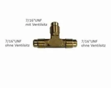 Schrader T-Stück, 3 x 7/16 UNF, 1x m. Ventilsitz, o. Kappe u. Ventil