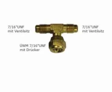 Schrader T-Stück, 2 x 7/16 UNF m. Ventilsitz, 1x UWM m. Drücker, o. Kappen u. Ventile