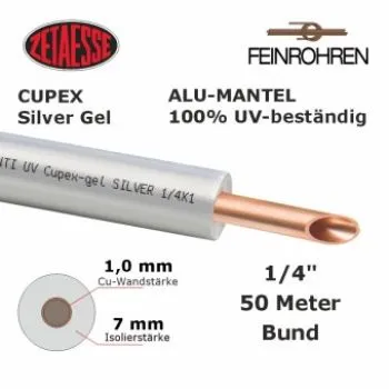 Kupferrohr Cupex Silver Gel Alu-Mantel 100% UV-beständig 1/4"" x 1,0 mm, 7 mm Iso., 50m Rolle