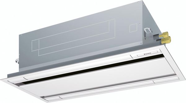 DAIKIN VRV Zwischendeckengerät 2-seitigTyp FXCQ50ADAIKIN Zwischendeckengerät 2-seitigausblasend FXCQ50AZwischendeckenkassette zum Anschluss anR410A VRV Systeme.GeräteaufbauZwischendeckenkassette mit 2-seitigemLuftausblas. Elegantes