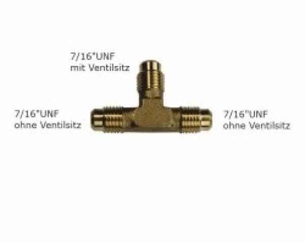 Schrader T-Stück, 3 x 7/16 UNF, 1x m. Ventilsitz,  o. Kappe u. Ventil
