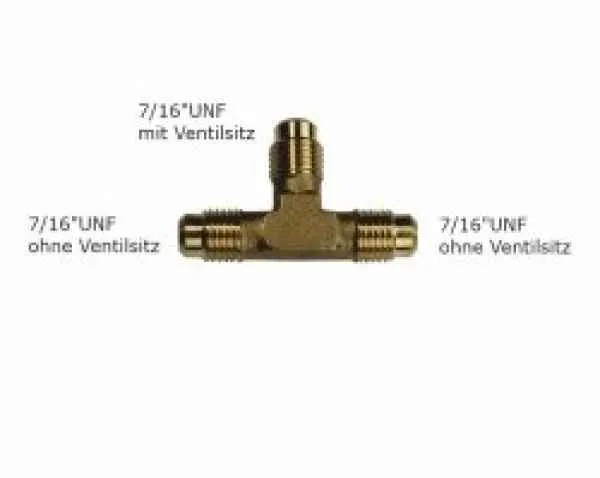 Schrader T-Stück, 3 x 7/16 UNF, 1x m. Ventilsitz, o. Kappe u. Ventil