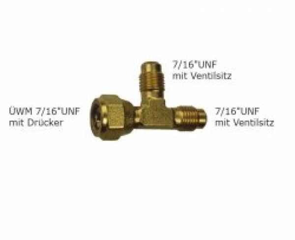 Schrader T-Stück, 2 x 7/16 UNF m. Ventilsitz, 1x UWM m. Drücker,  o. Kappen u. Ventile