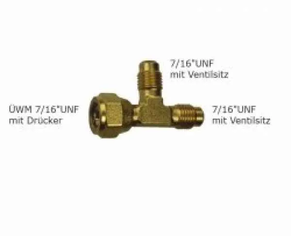 Schrader T-Stück, 2 x 7/16 UNF m. Ventilsitz, 1x UWM m. Drücker, o. Kappen u. Ventile