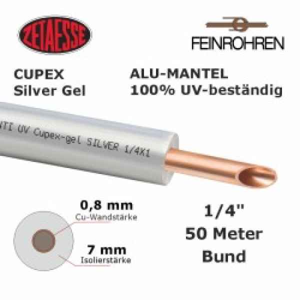 Kupferrohr Cupex Silver Gel Alu-Mantel 100% UV-beständig  1/4"" x 0,8 mm, 7 mm Iso., 50m Rolle