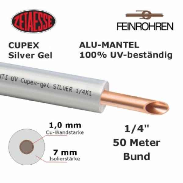 Kupferrohr Cupex Silver Gel Alu-Mantel 100% UV-beständig  1/4"" x 1,0 mm, 7 mm Iso., 50m Rolle